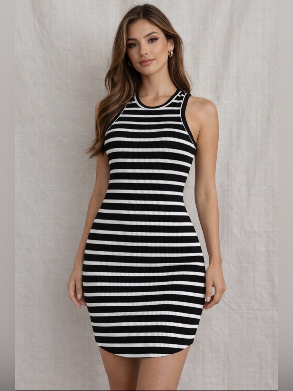 Liz & Sara women’s size M Striped Ribbed Tank Dress Black White Racerback(A501)